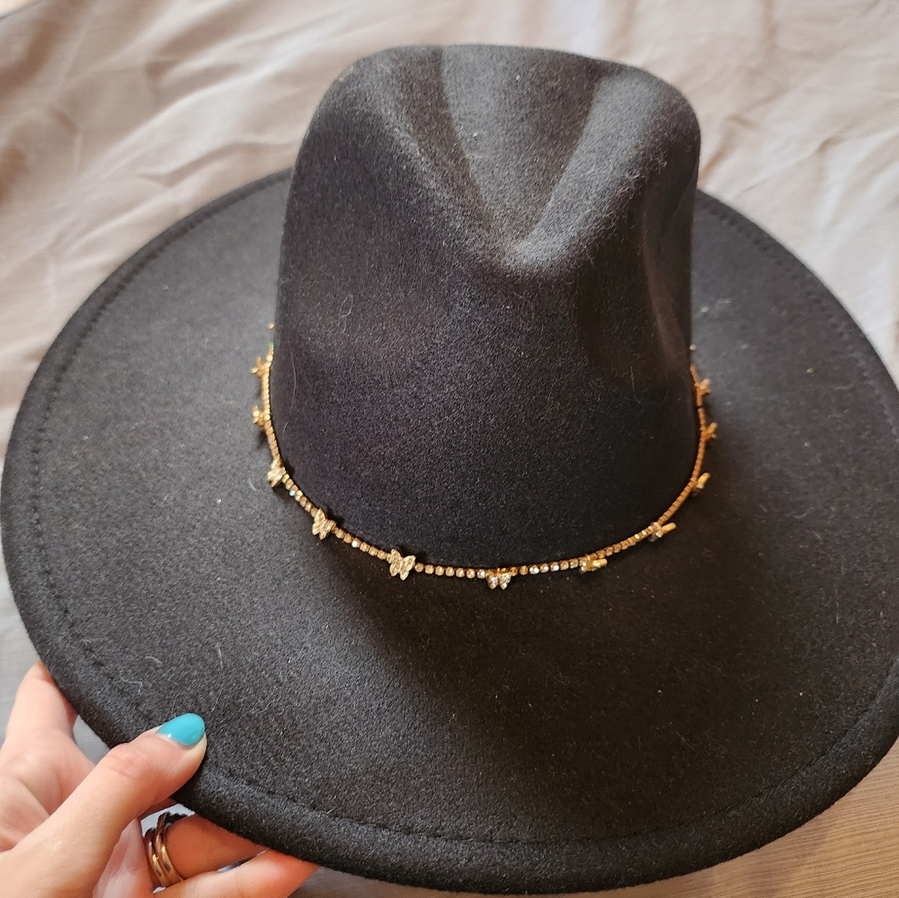 Rhinestone Butterfly Trim Panama Hat
